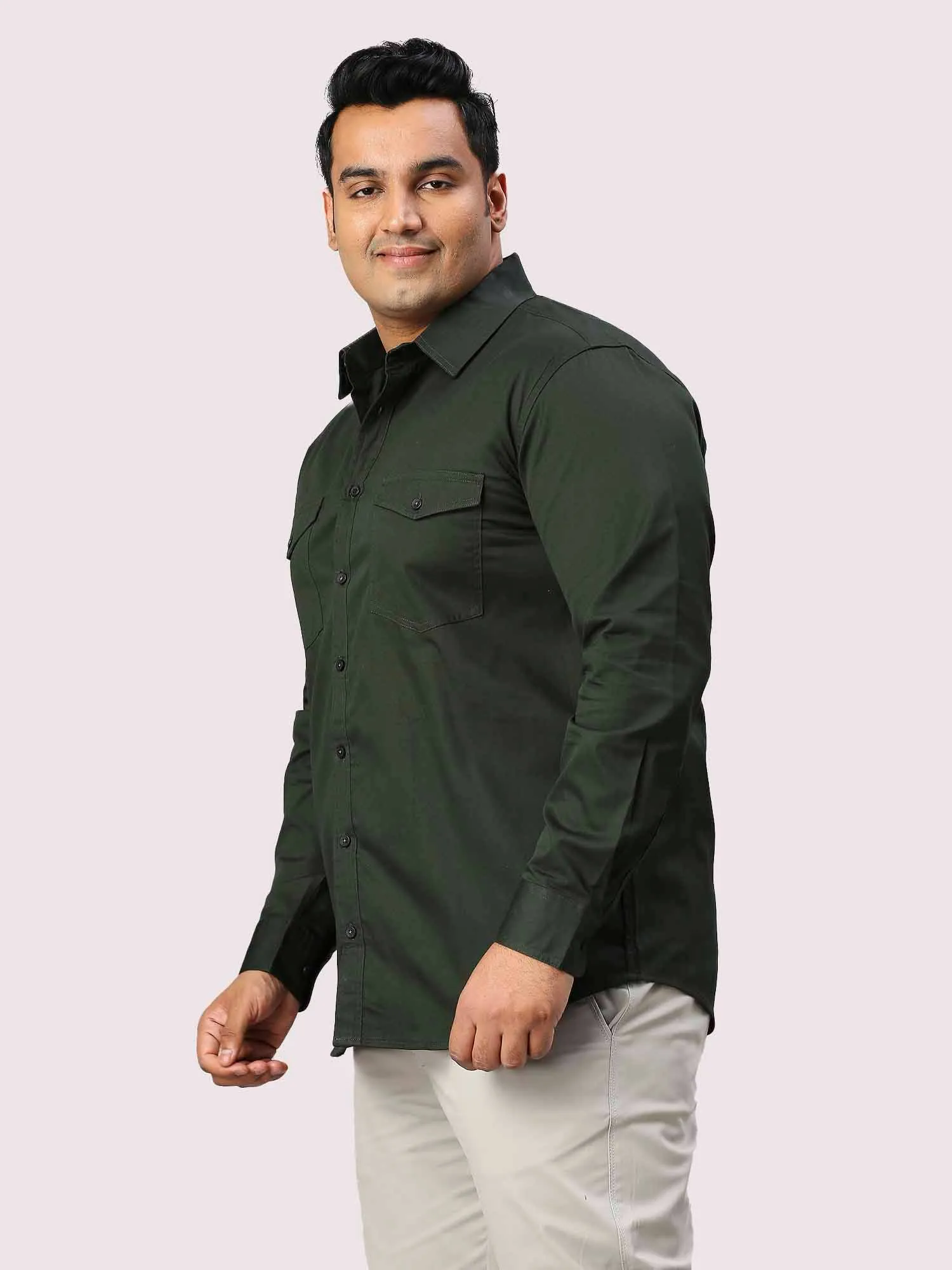 Olive Green Solid Pure Cotton Double Pocket Full Sleeve Shirt Men's Plus Size