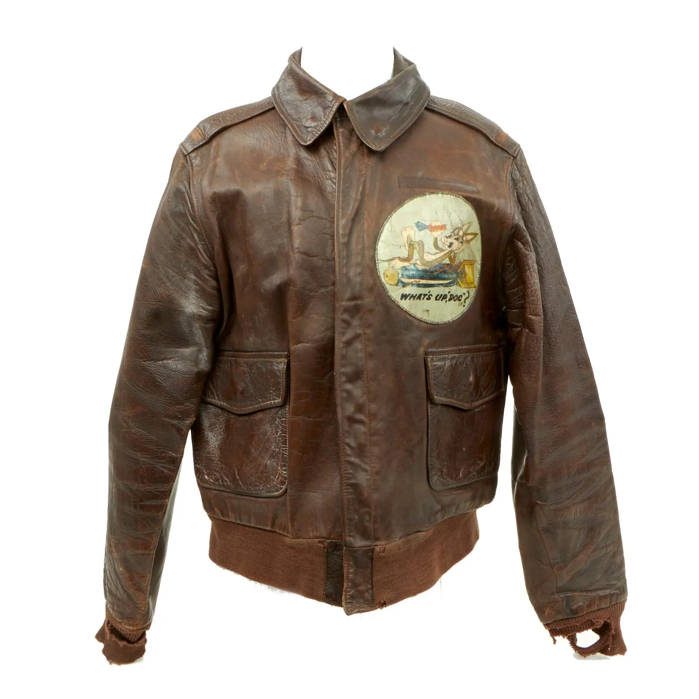 Original U.S. WWII Army Air Forces Type A2 Leather Flight Jacket with Bugs Bunny Bomber Squadron Painted Patch - Named