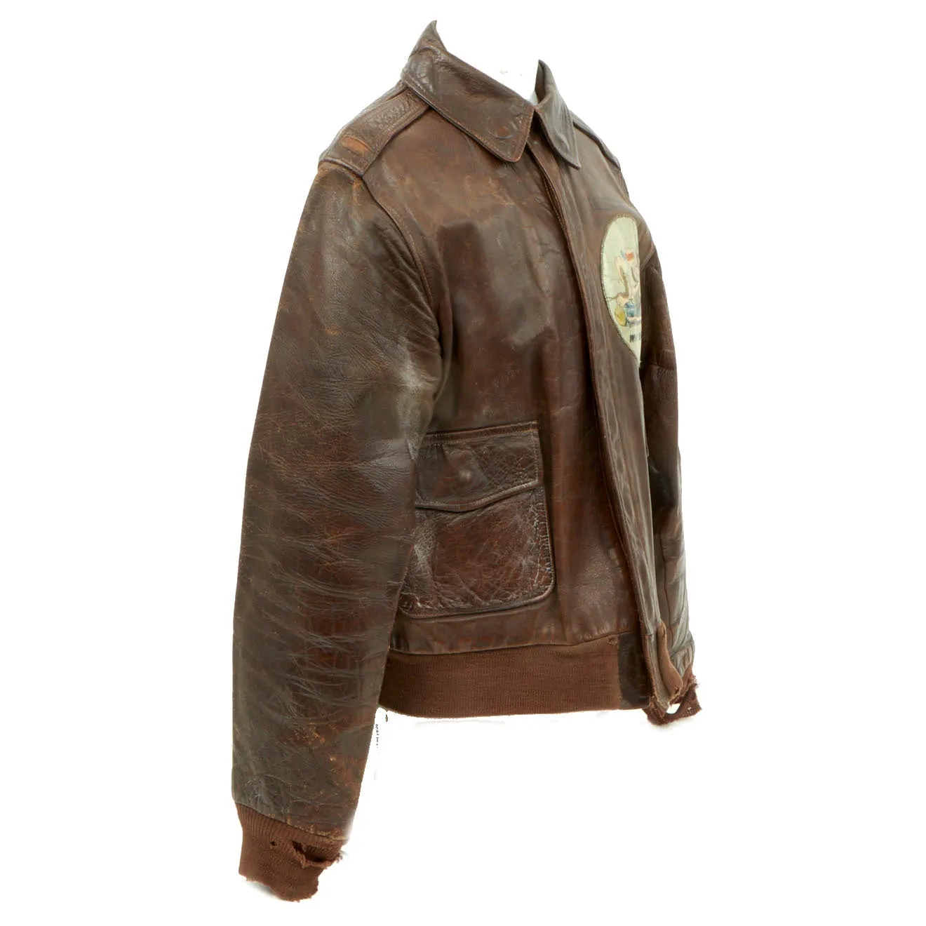 Original U.S. WWII Army Air Forces Type A2 Leather Flight Jacket with Bugs Bunny Bomber Squadron Painted Patch - Named