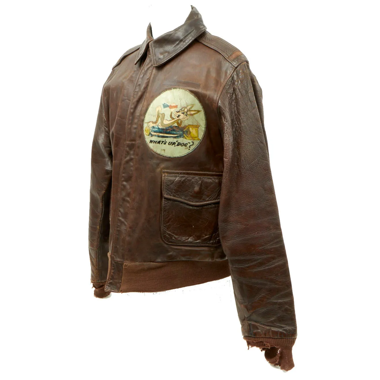 Original U.S. WWII Army Air Forces Type A2 Leather Flight Jacket with Bugs Bunny Bomber Squadron Painted Patch - Named