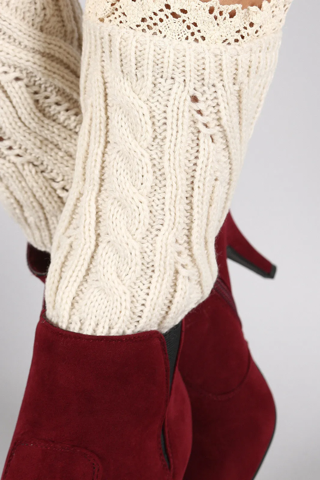 Patterned Knit Crochet Trim Leg Warmers