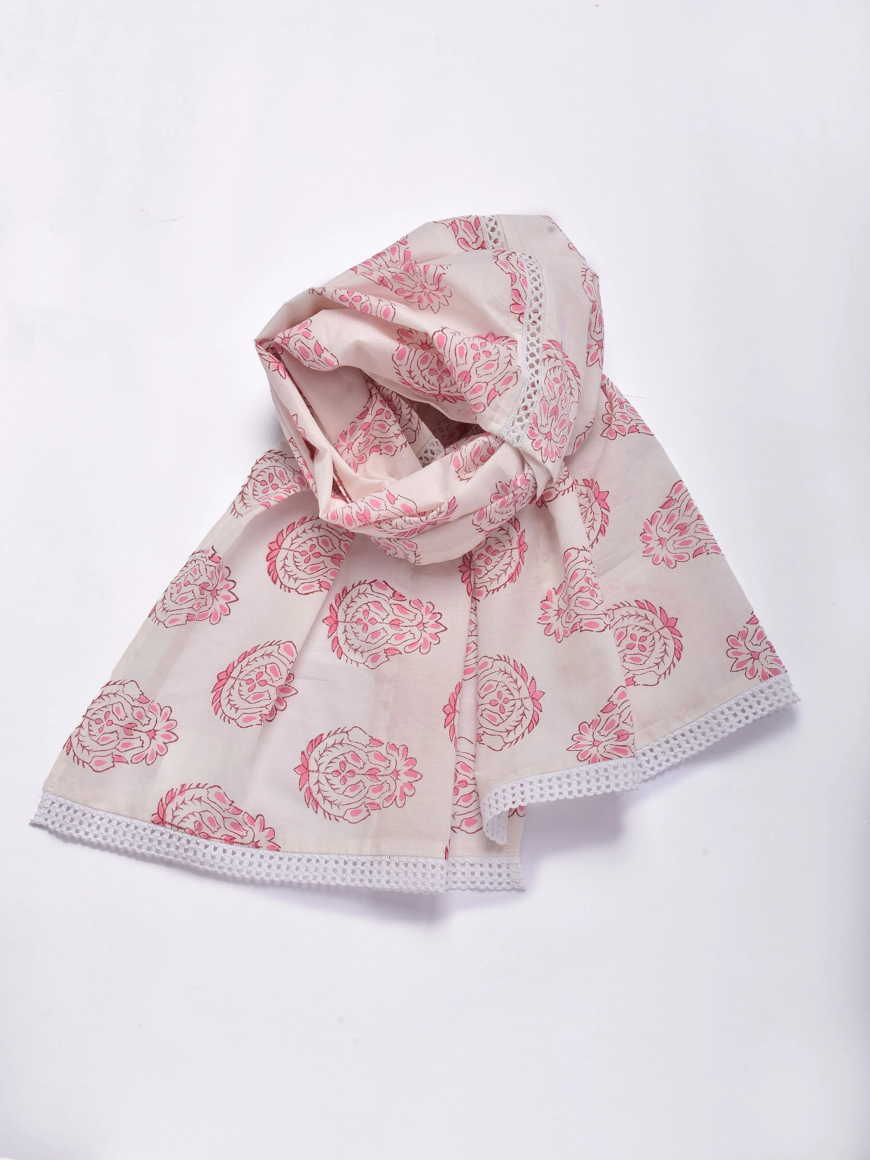 Pink Big Buta On White Print Cotton Stole