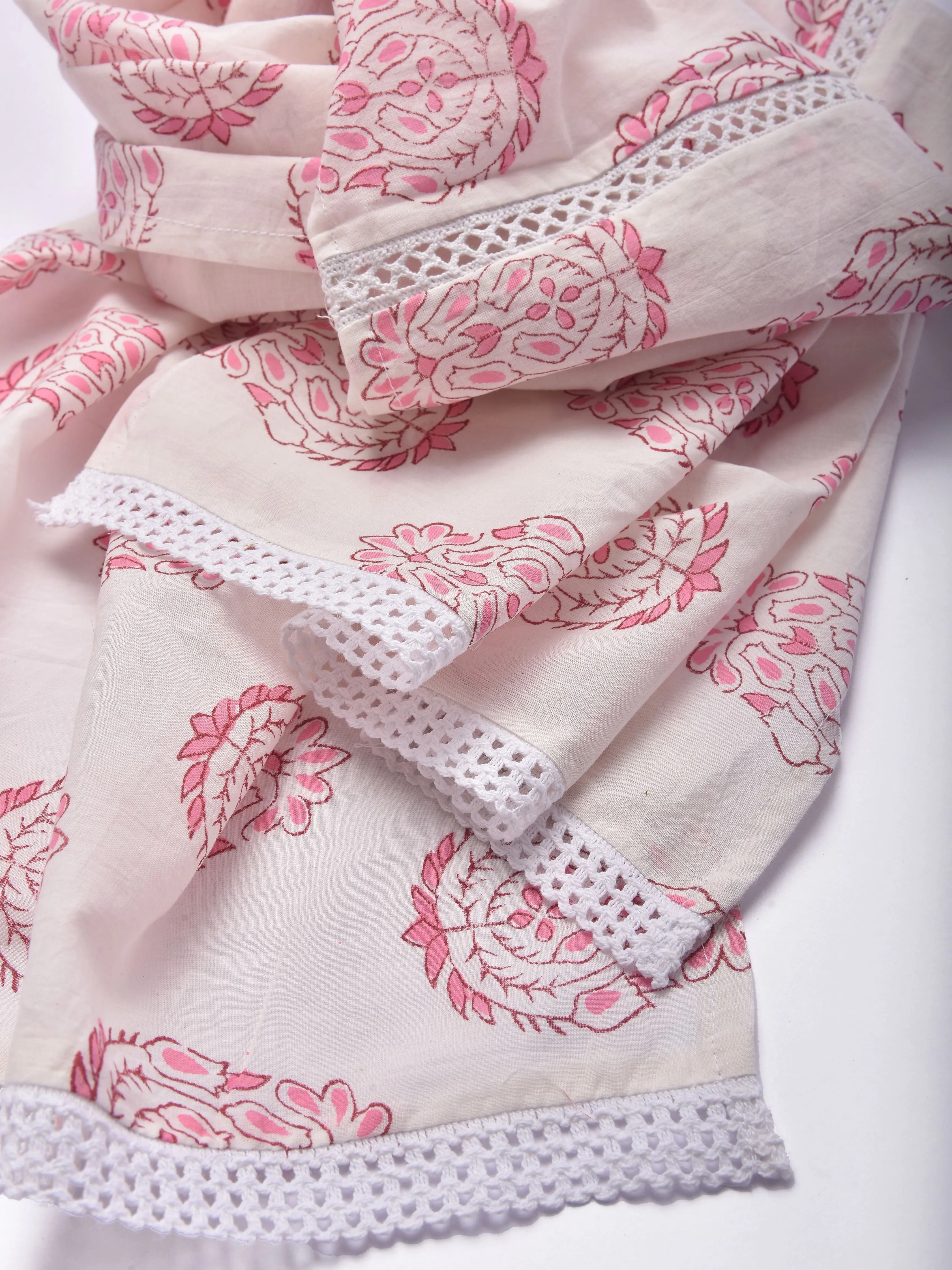 Pink Big Buta On White Print Cotton Stole