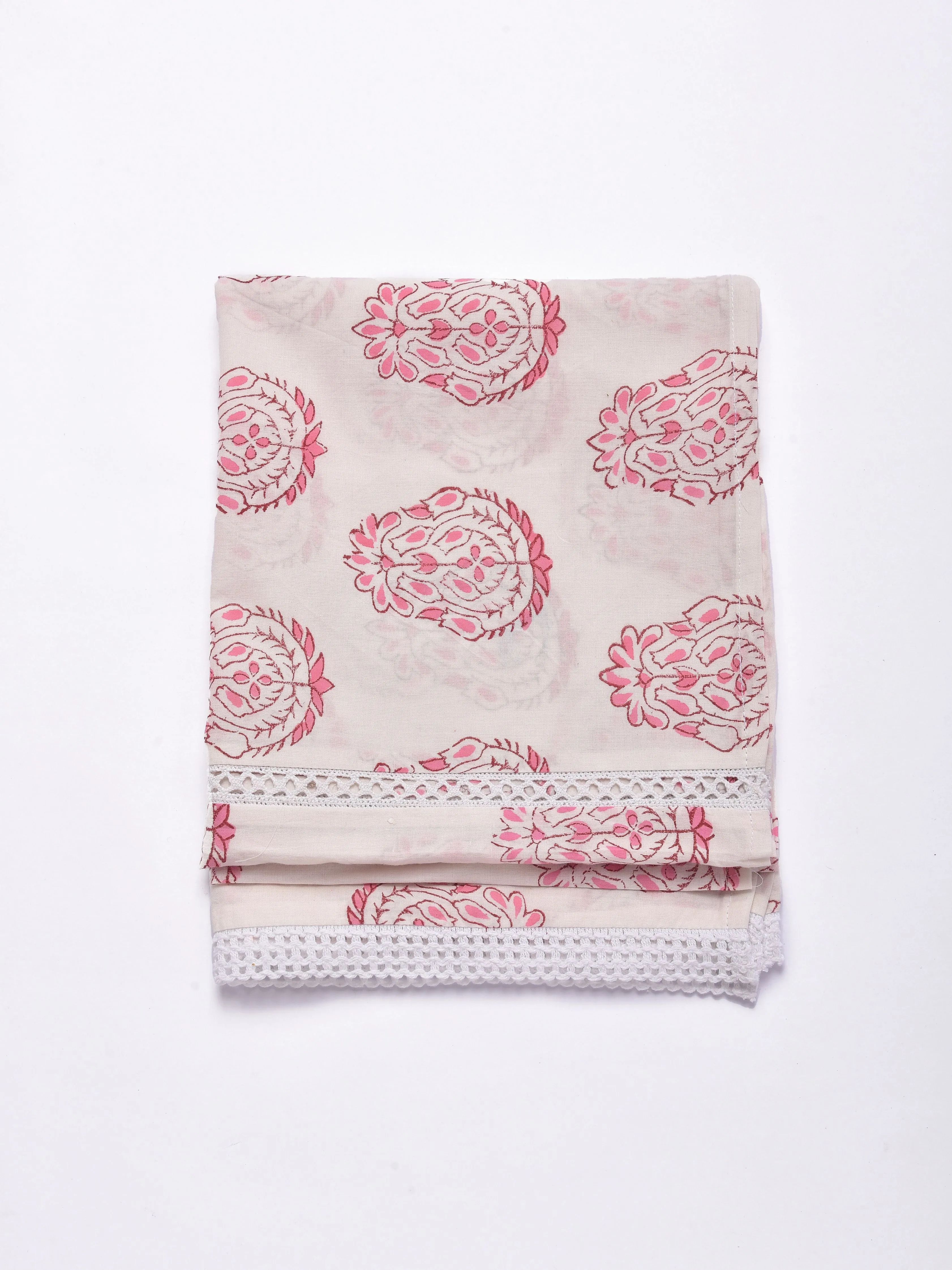 Pink Big Buta On White Print Cotton Stole