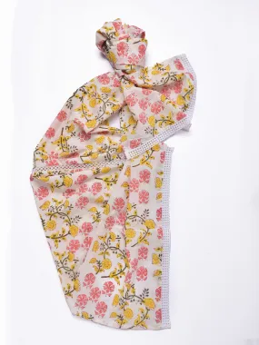 Pink Yellow Floral White Print Cotton Stole