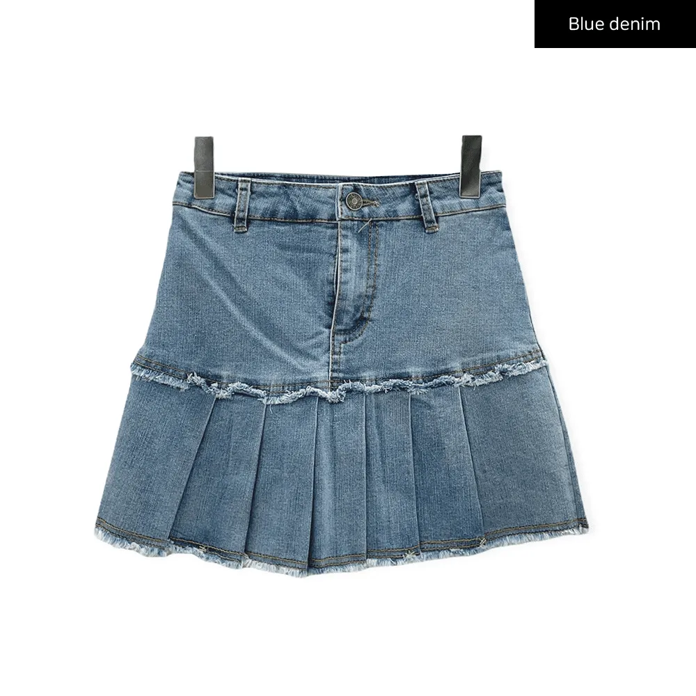 Pleated Hem Denim Skirt