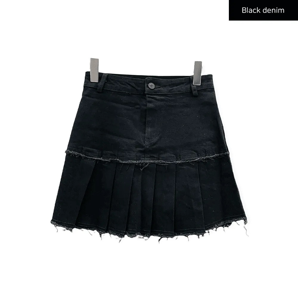 Pleated Hem Denim Skirt