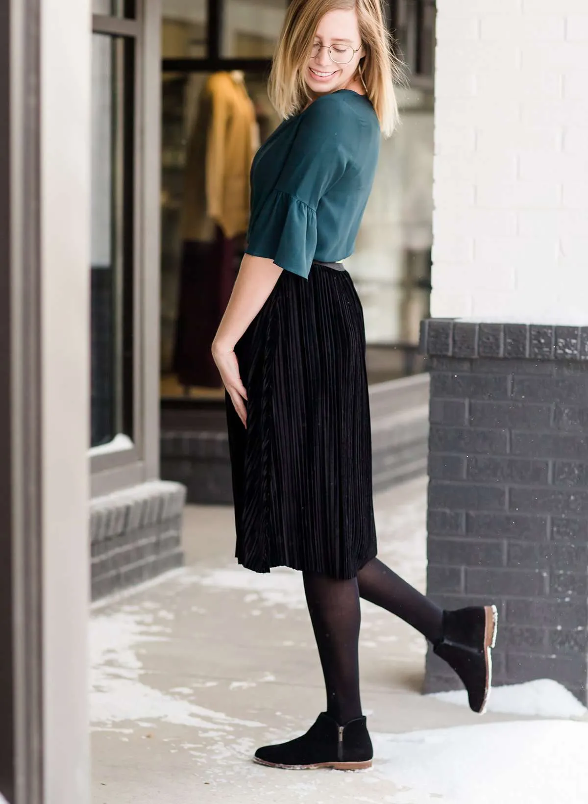 Pleated Velvet Midi Skirt