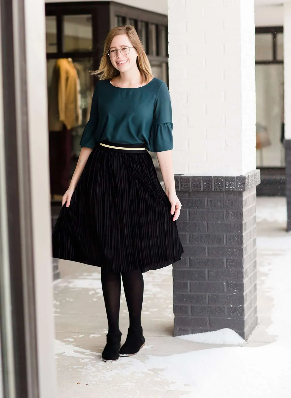 Pleated Velvet Midi Skirt