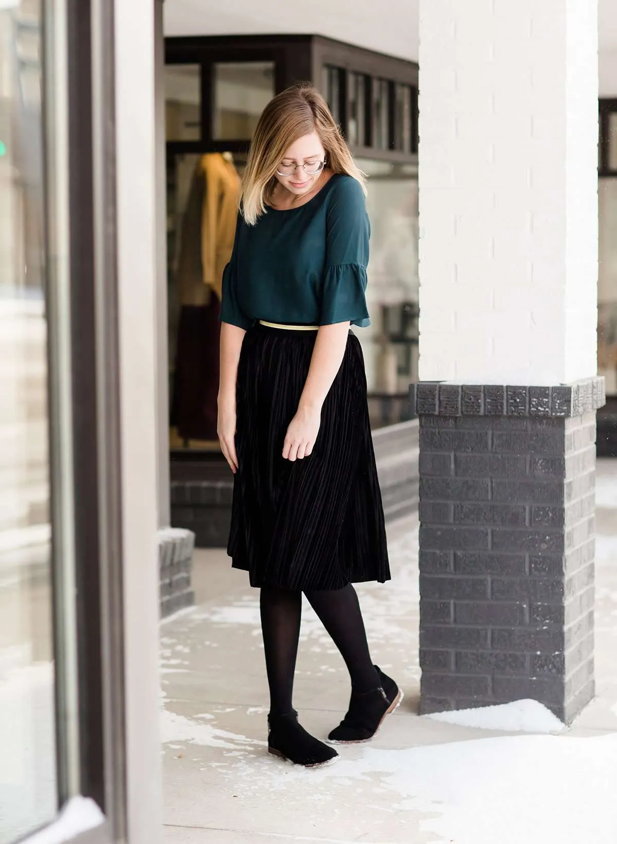 Pleated Velvet Midi Skirt