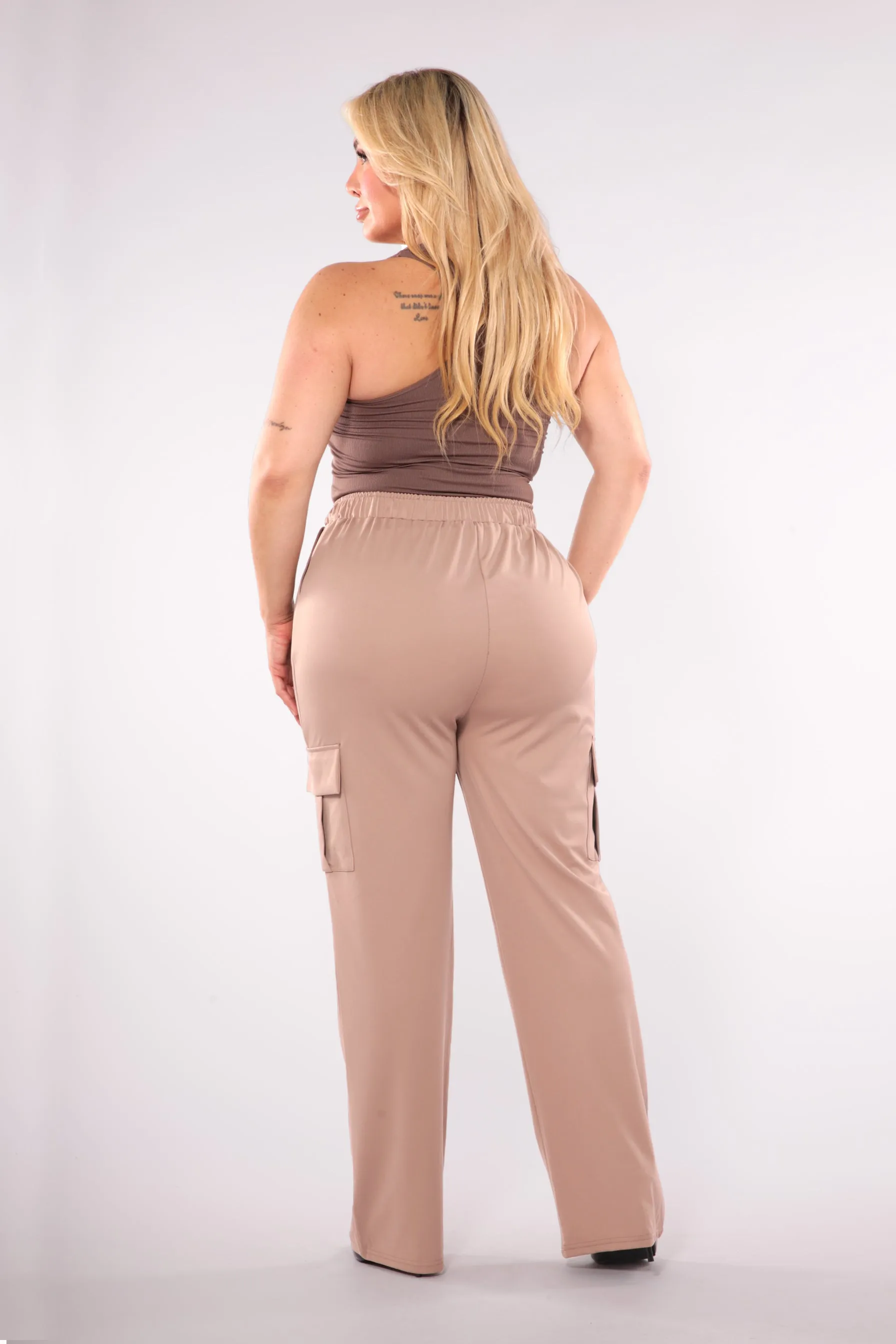 Plus Size High Rise Straight Leg Cargo Pants - Latte