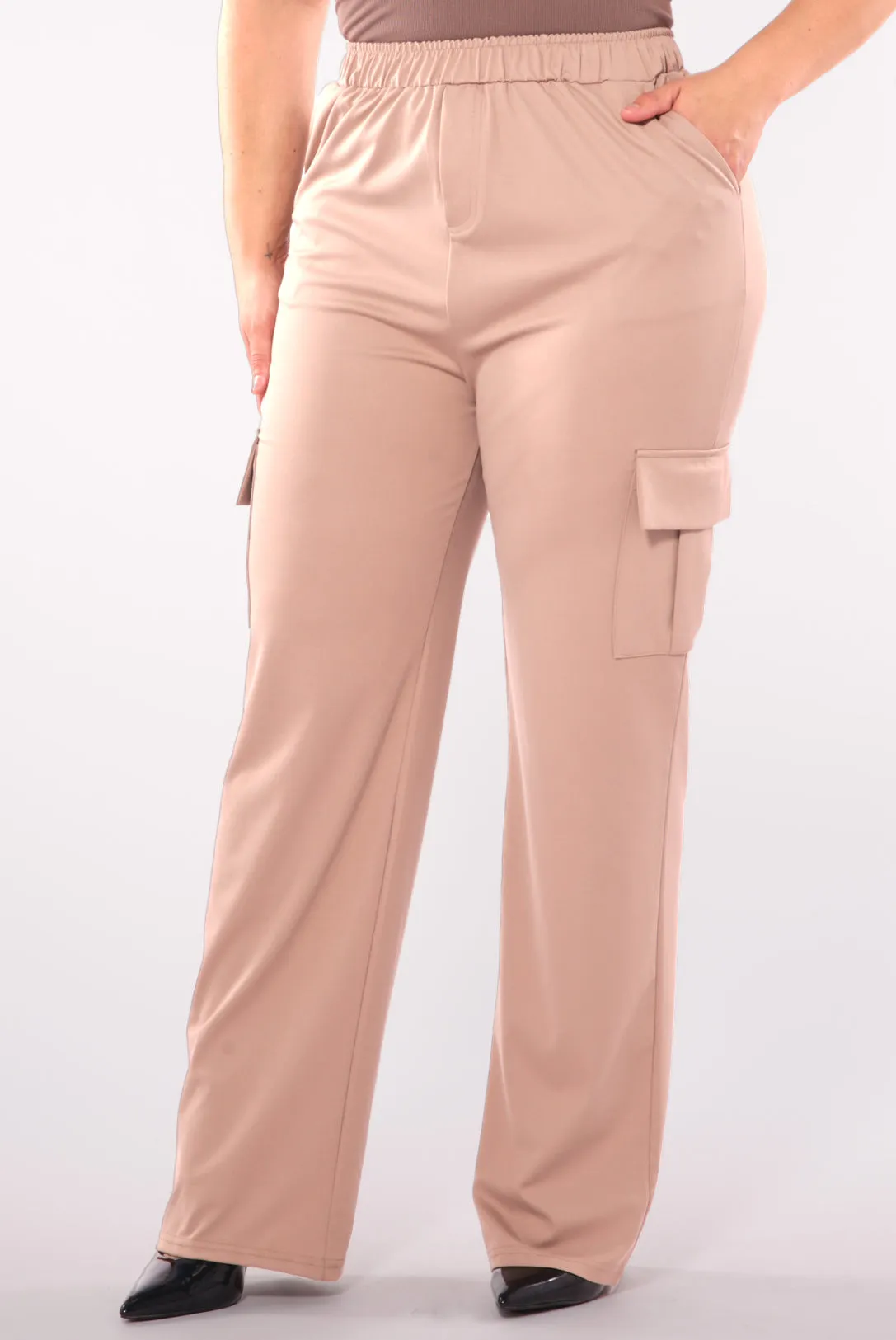 Plus Size High Rise Straight Leg Cargo Pants - Latte