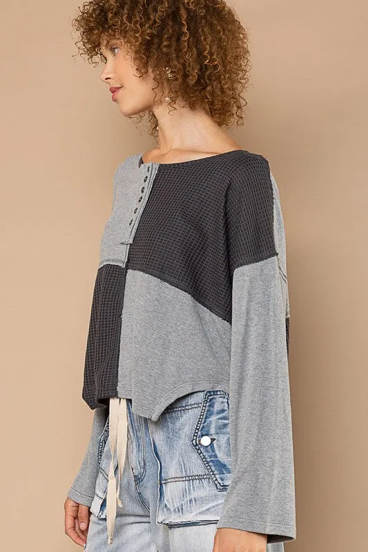 POL Round neck long sleeve button front knit top - Mystic Grey