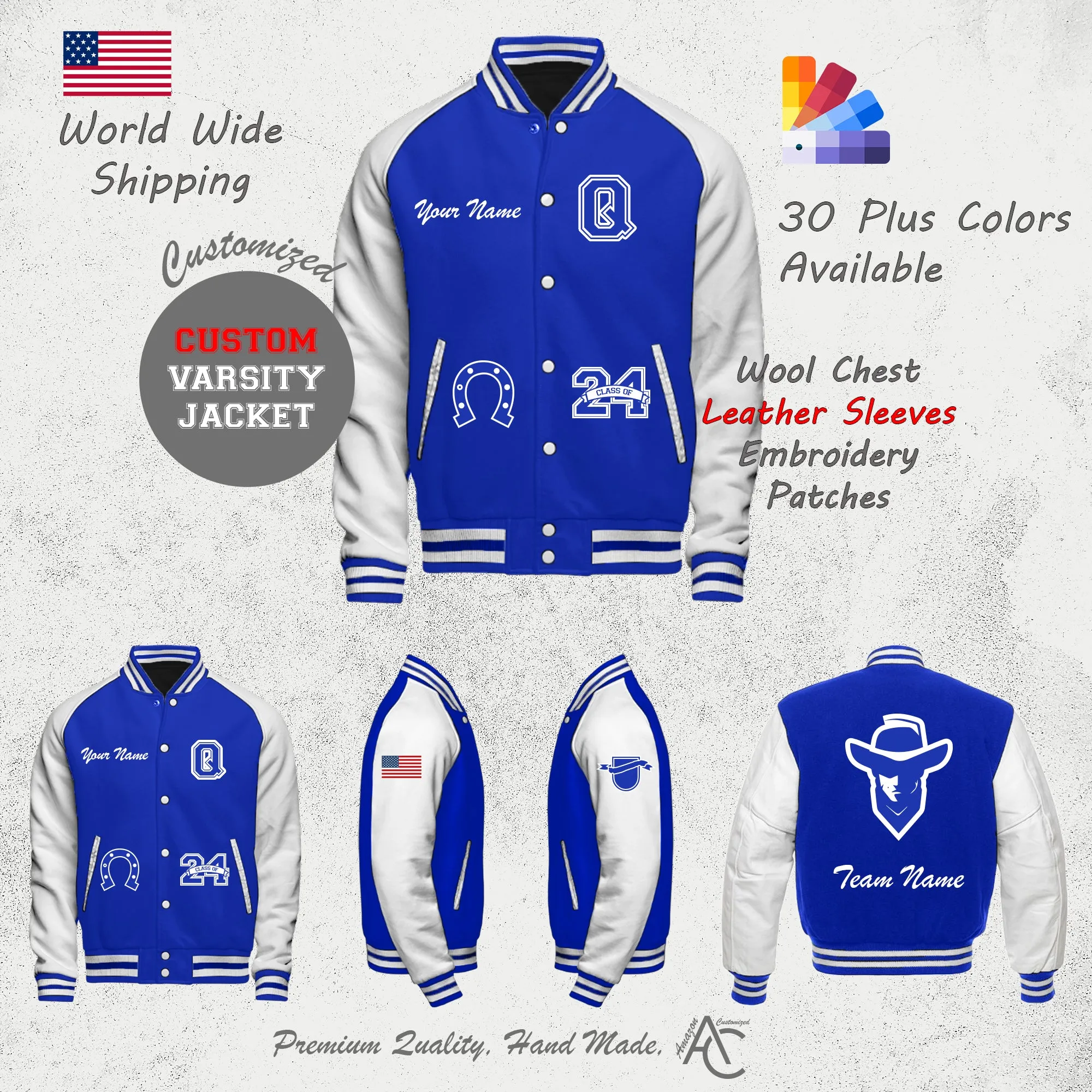 Premium Letter Custom Varsity Letterman Jackets For Men with Genuine Cowhide Leather Sleeves- Royal Blue