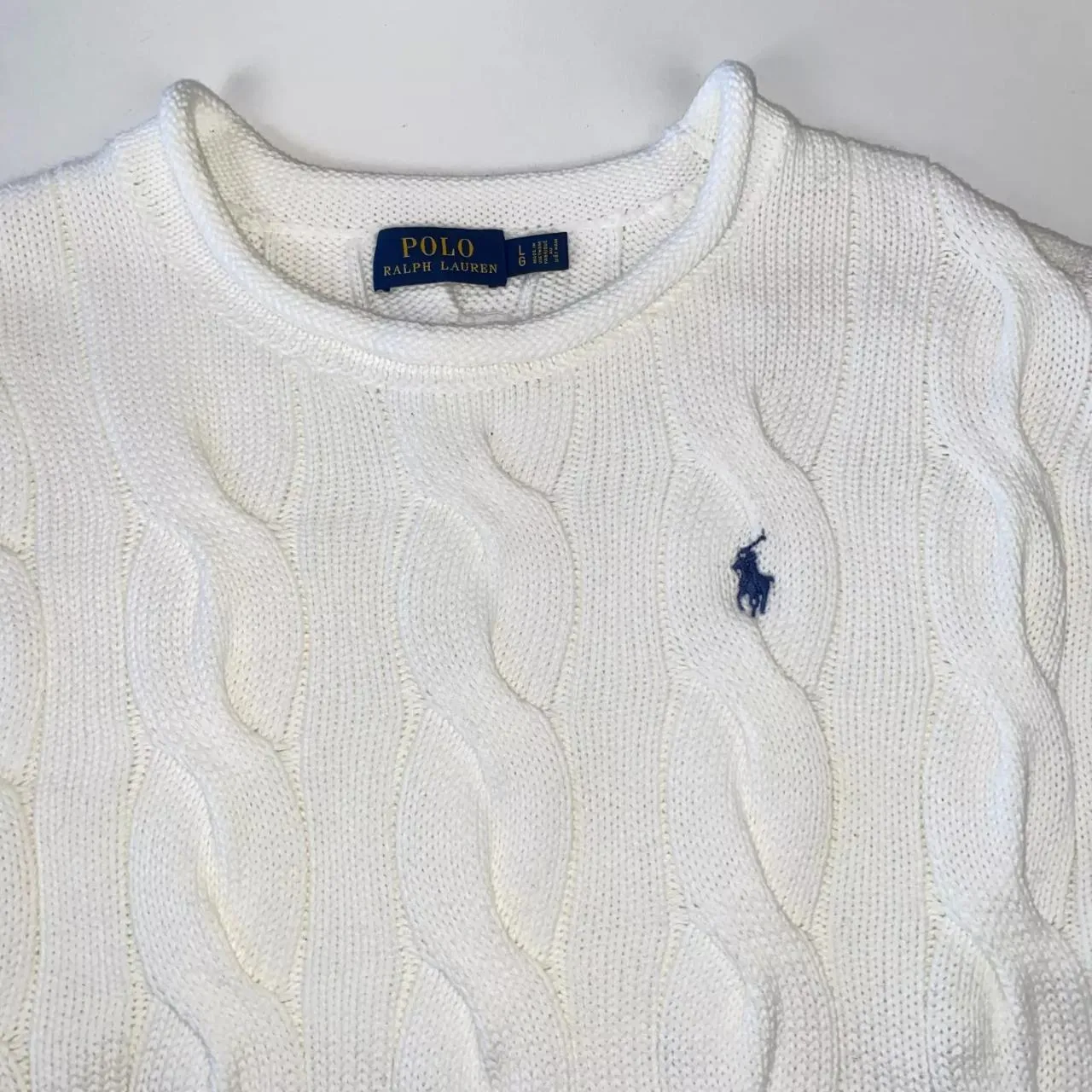 Preowned Polo Ralph Lauren Womens Cable-Knit Jumper Size L White Sweater Logo