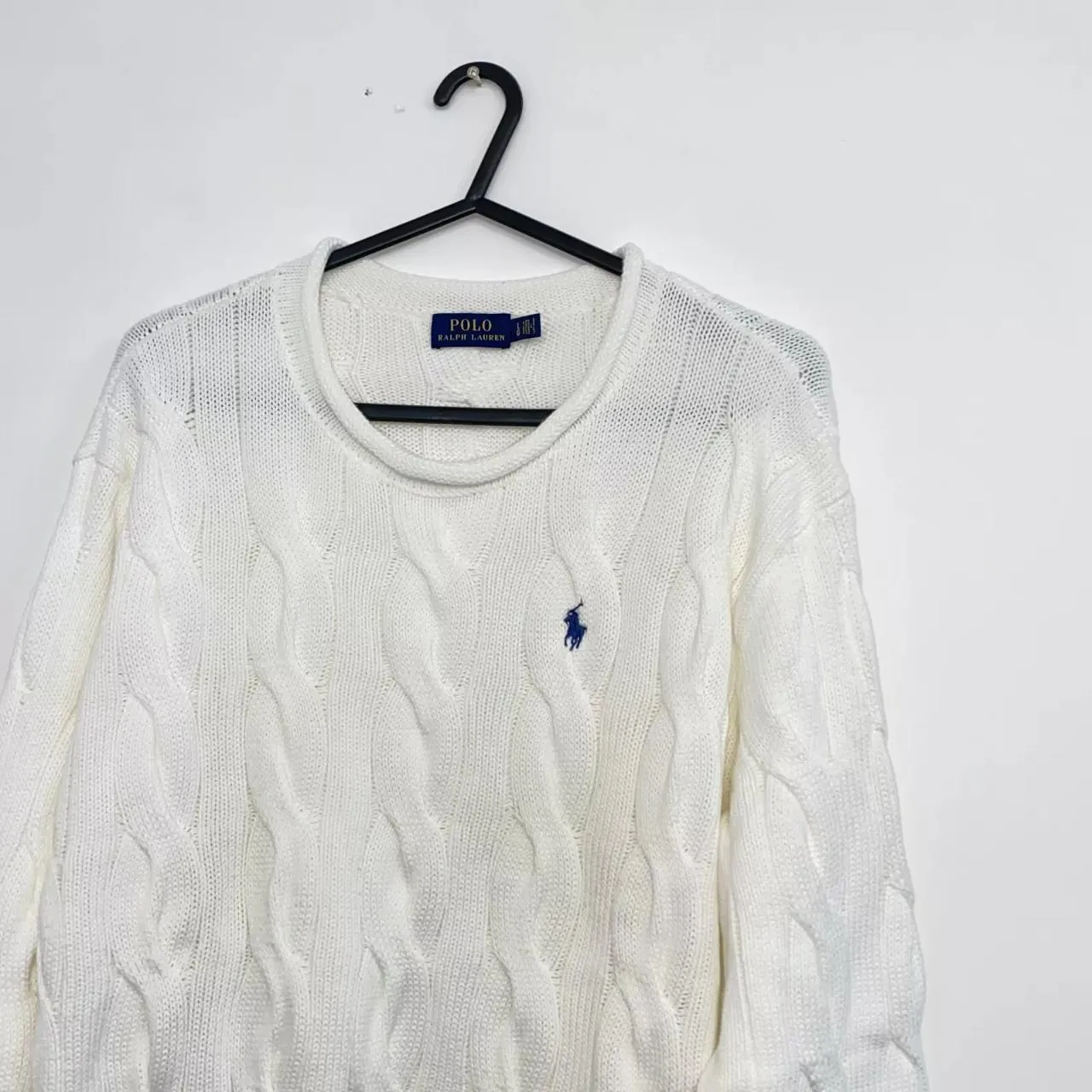 Preowned Polo Ralph Lauren Womens Cable-Knit Jumper Size L White Sweater Logo