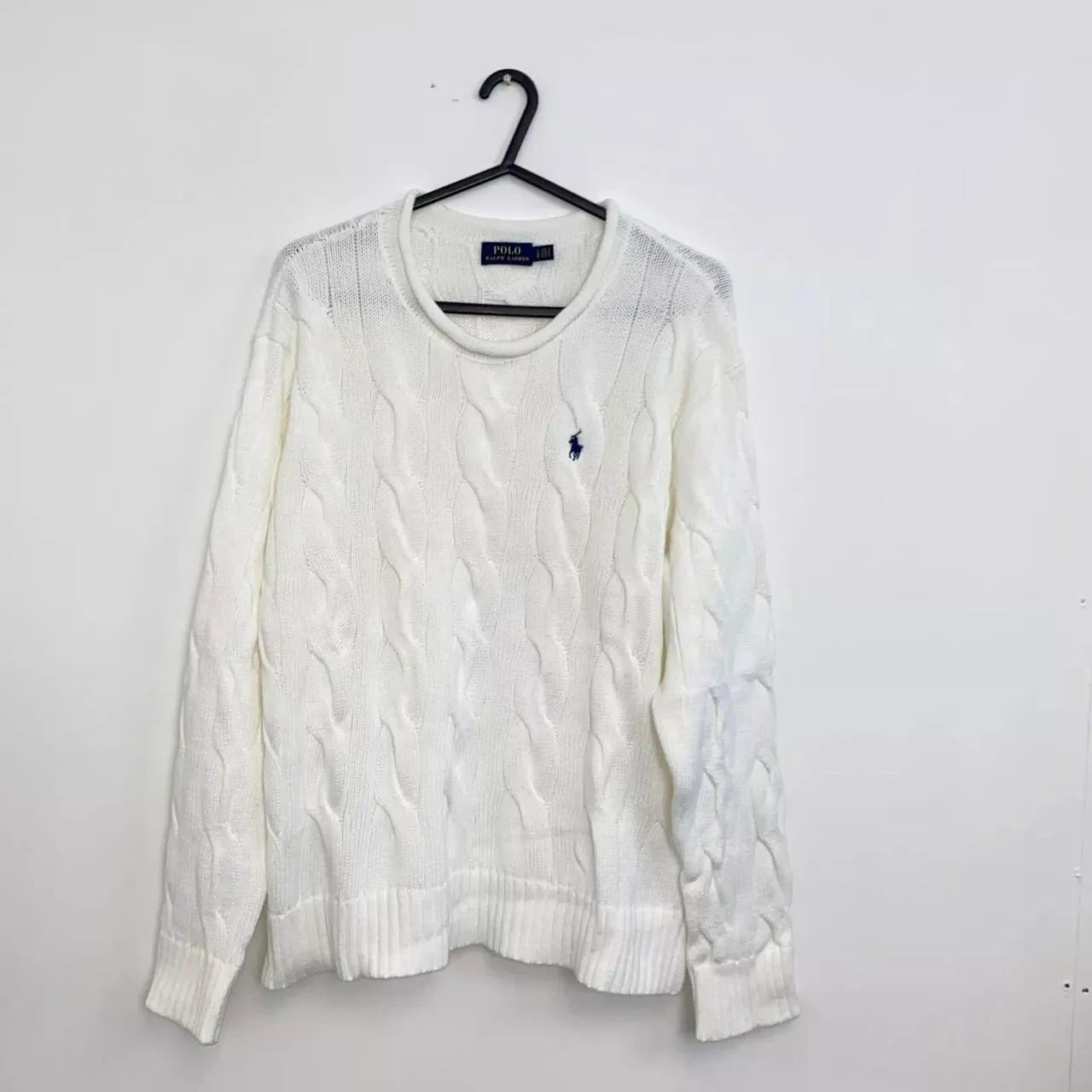 Preowned Polo Ralph Lauren Womens Cable-Knit Jumper Size L White Sweater Logo