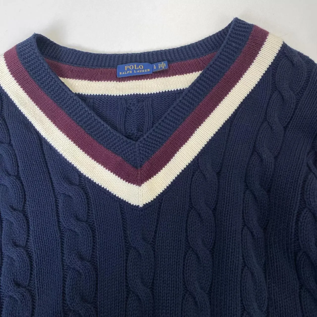 Preowned Polo Ralph Lauren Womens Cricket Cable-Knit Jumper Size L Navy V-Neck Sweater.