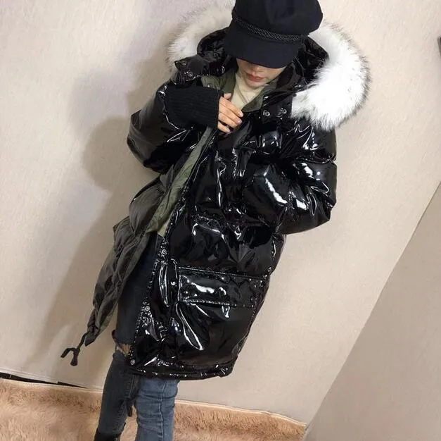 Real Natural Fur 2019 Patent Leather Winter Jacket Women Thicken Long Down Parka Hooded Female Duck Down Coat Waterproof Jacket