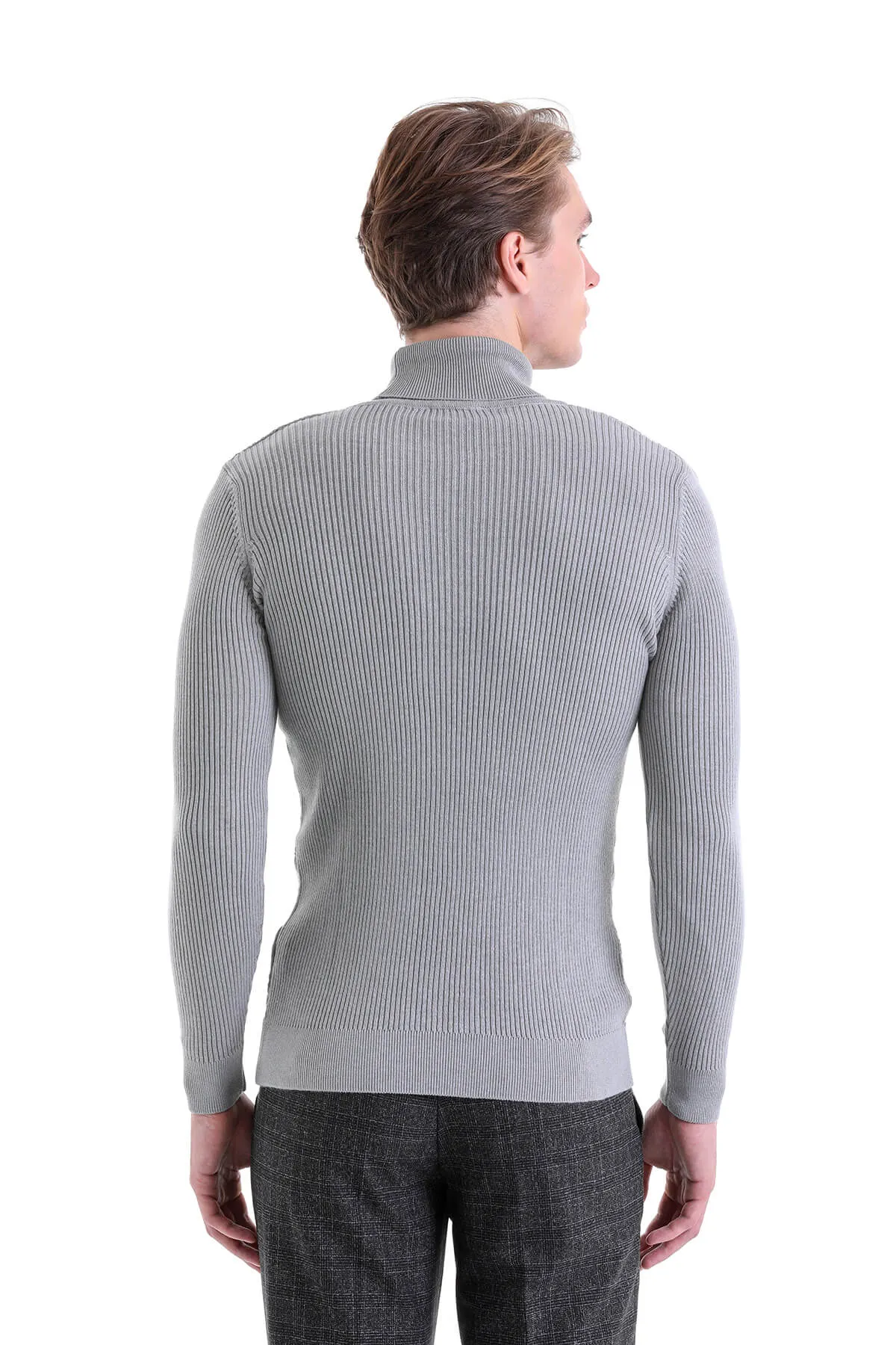 Regular Fit Gray Patterned Cotton Turtleneck Sweater