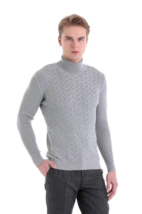 Regular Fit Gray Patterned Cotton Turtleneck Sweater