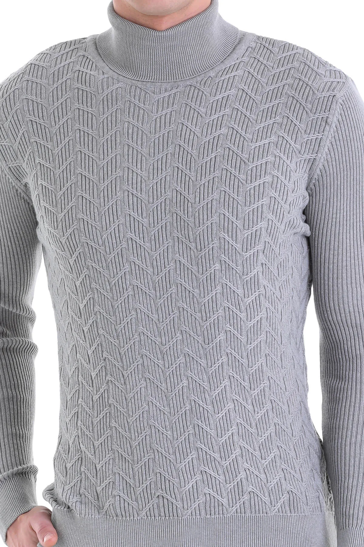 Regular Fit Gray Patterned Cotton Turtleneck Sweater