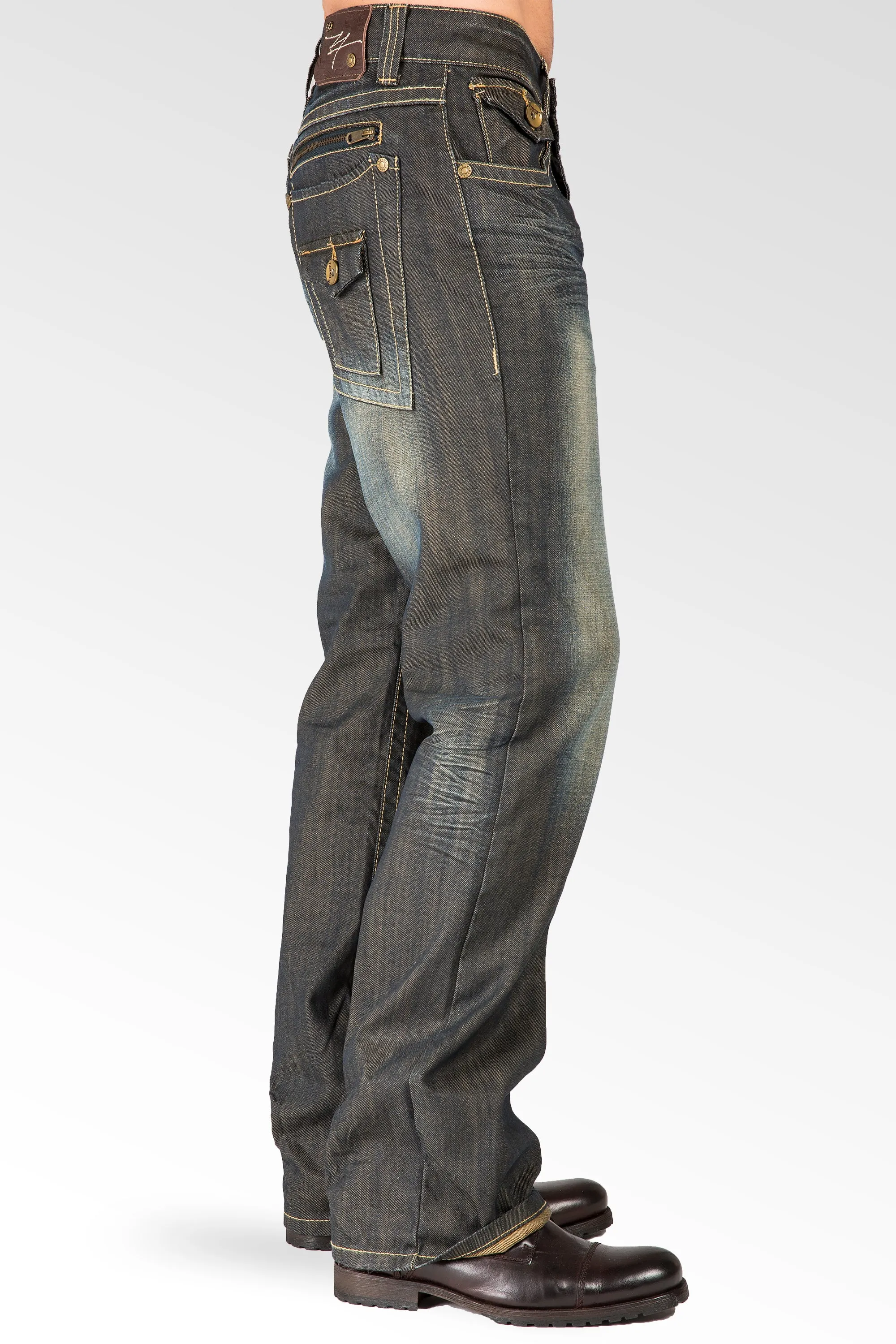 Relaxed Bootcut Dark Tinted Premium Denim Jeans Zipper Trim & Utility Back Pocket