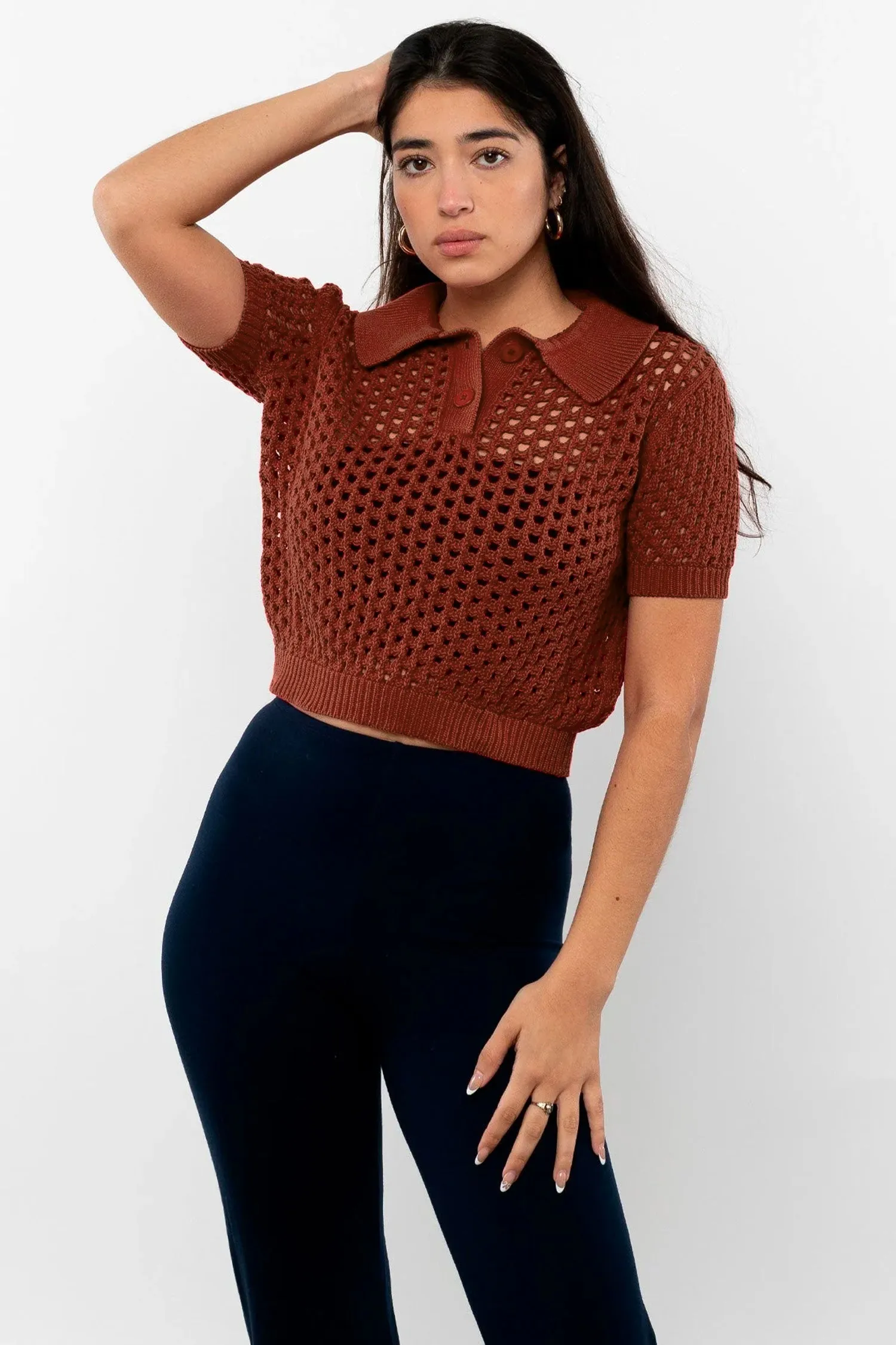 RFK54 - Mesh Knit Cropped Polo Sweater