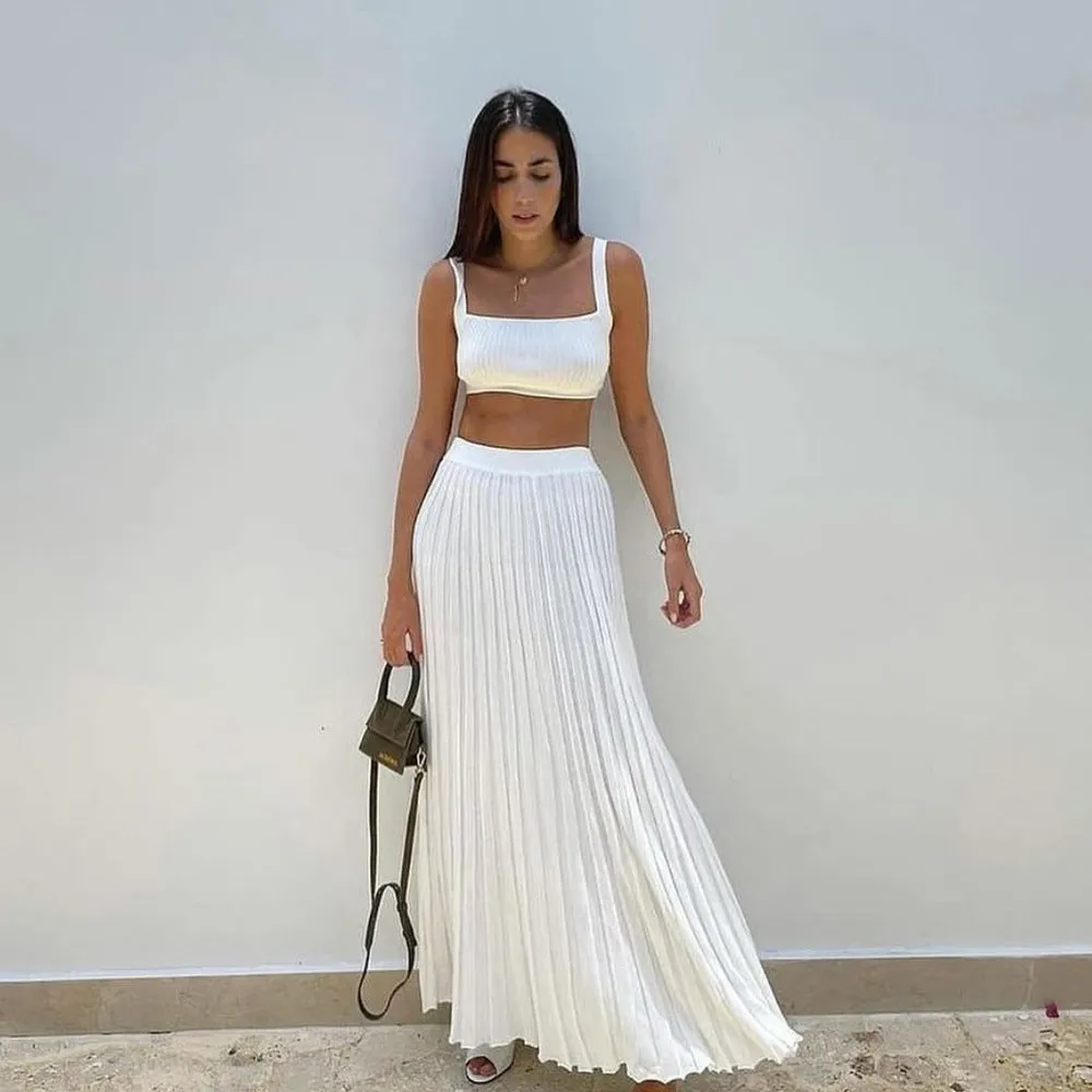 Ribbed Tank Top & Pleated Knitted Skirt