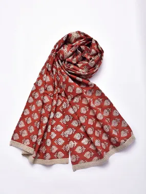 Rust Red Bagru Floral Print Cotton Stole