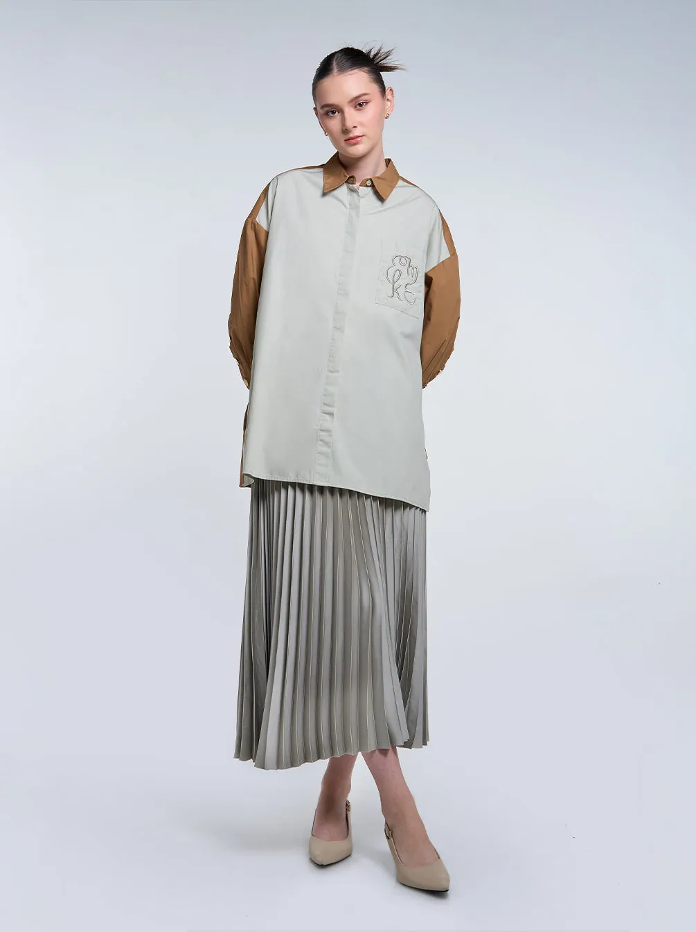 SATIN PLEATED SKIRT PLAIN ASH WOOD