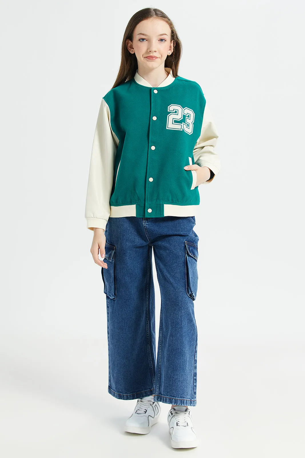 Senior Girls Green And White Melton Baseball Jacket