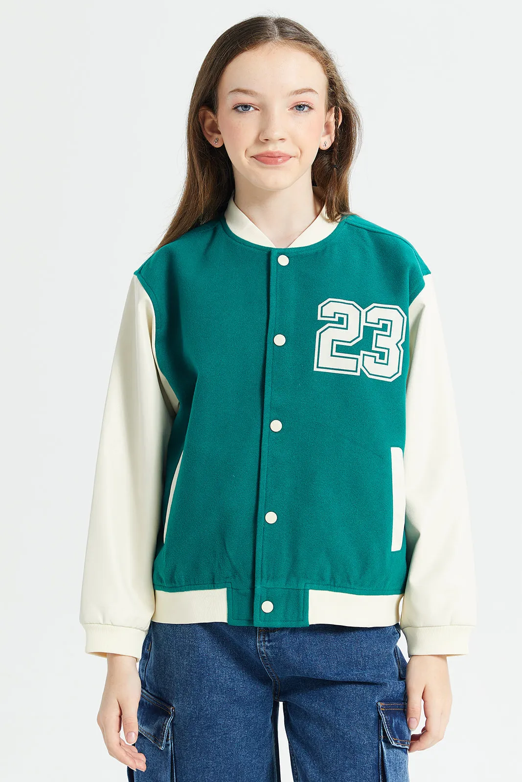 Senior Girls Green And White Melton Baseball Jacket