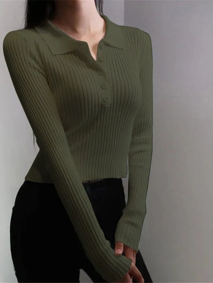 SGW Olive Green V Neck Knit Shirt - Half Button