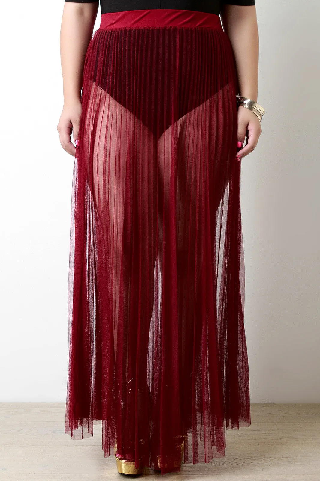 Sheer Mesh Tulle Pleated Maxi Skirt