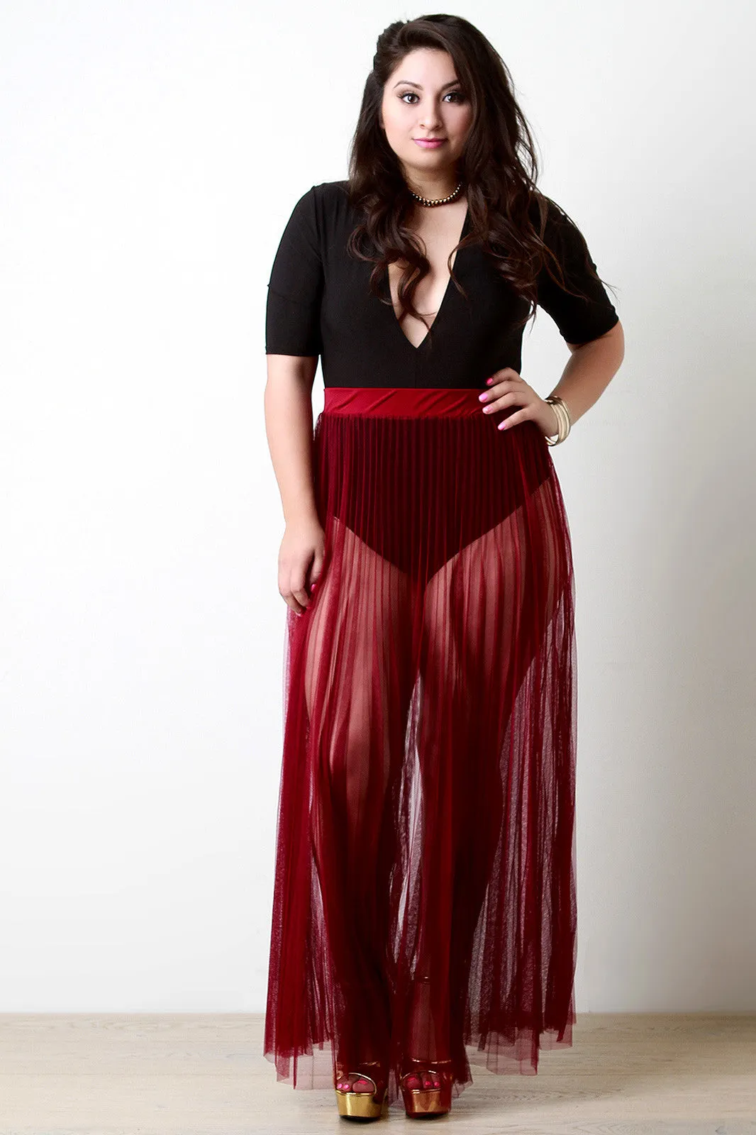 Sheer Mesh Tulle Pleated Maxi Skirt