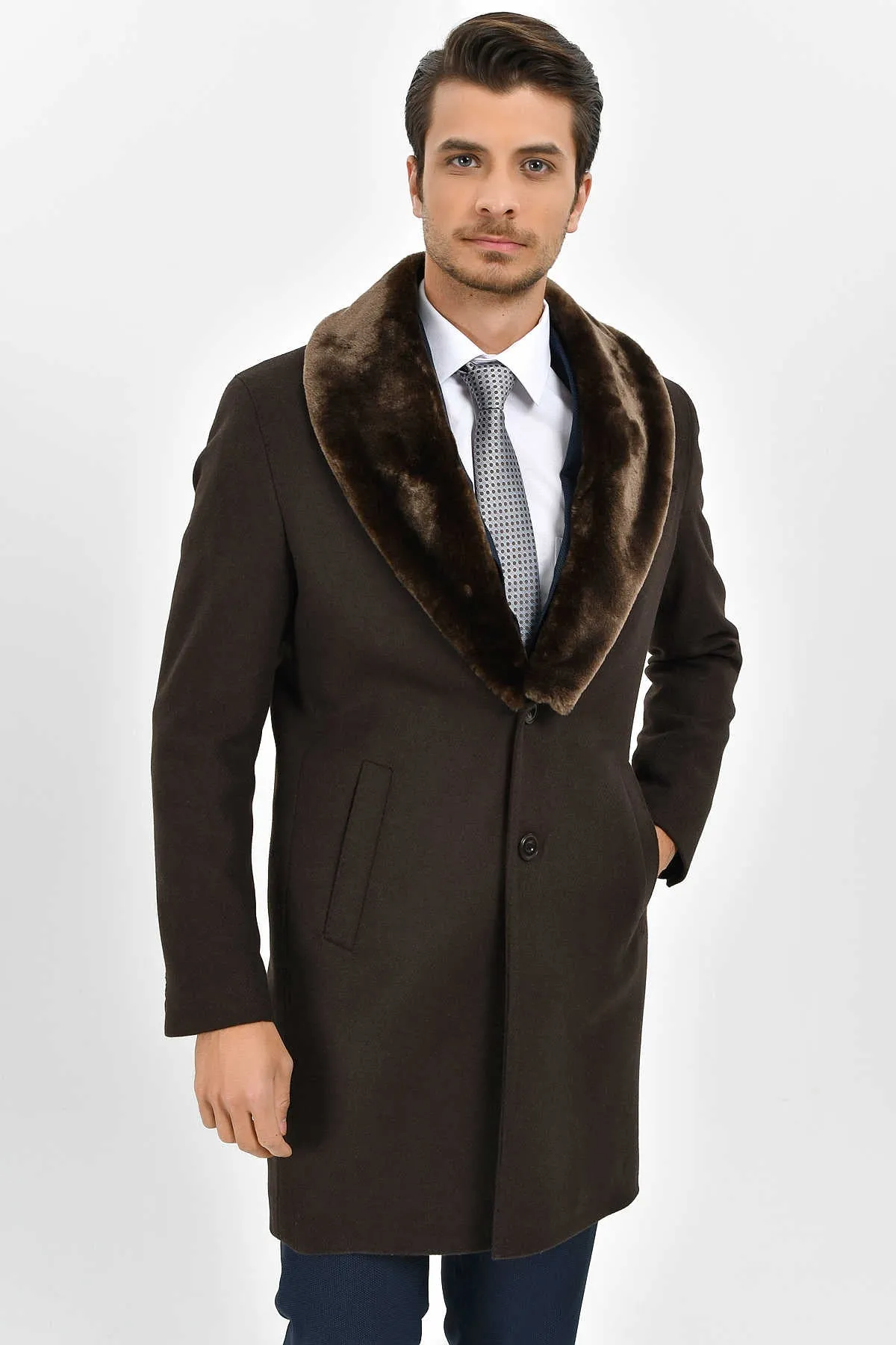 Slim Fit Cachet Brown Wool Blend Overcoat