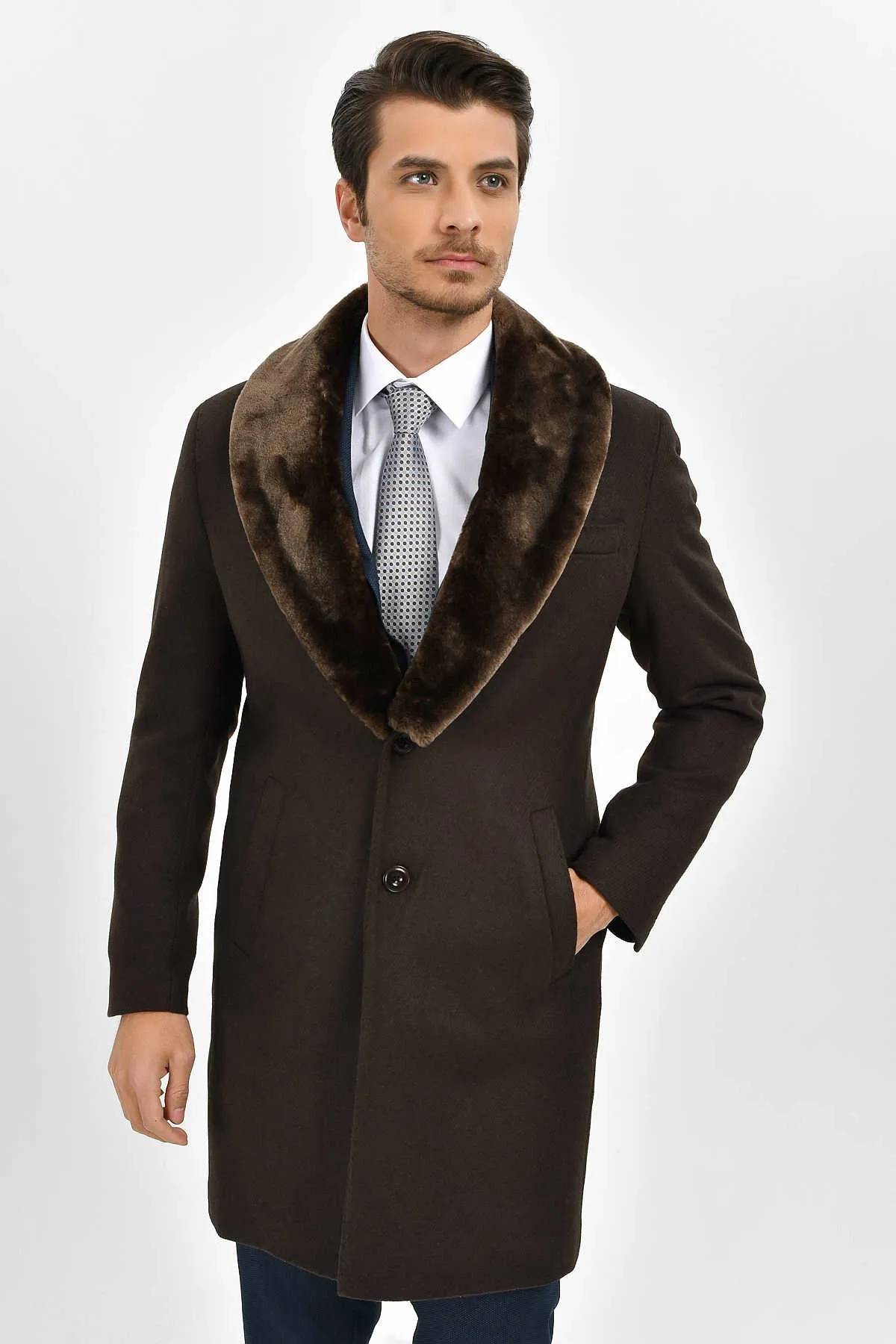 Slim Fit Cachet Brown Wool Blend Overcoat