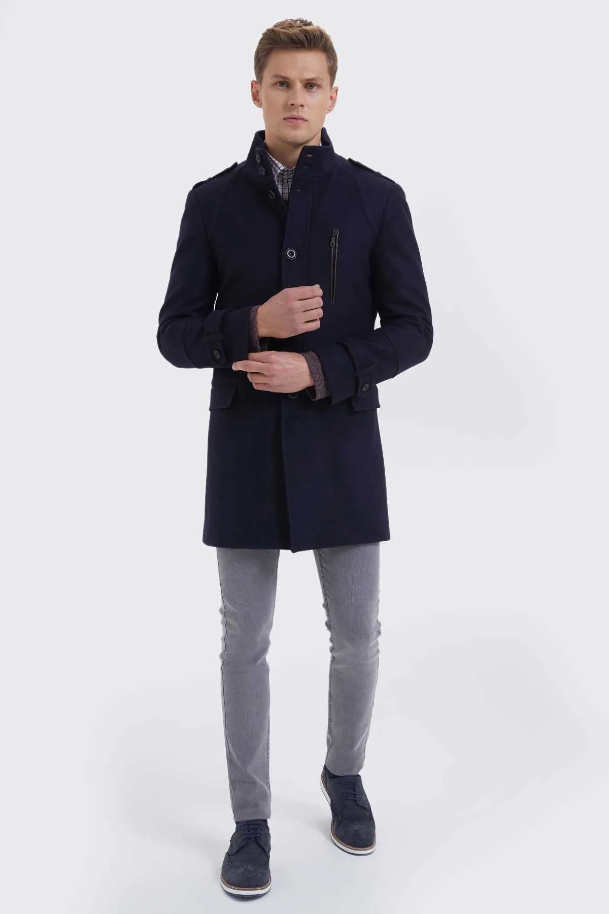 Slim Fit Stand Collar Wool Black Overcoat, Light Navy