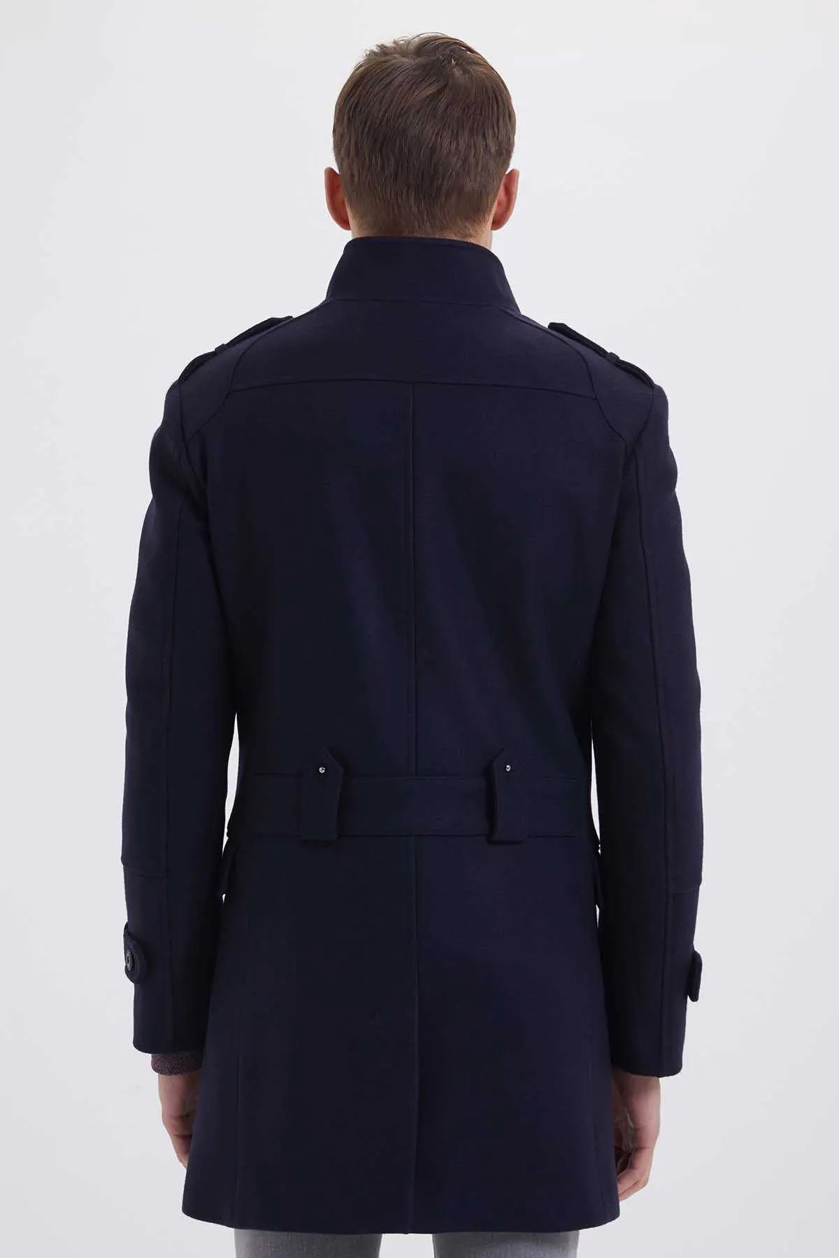 Slim Fit Stand Collar Wool Black Overcoat, Light Navy