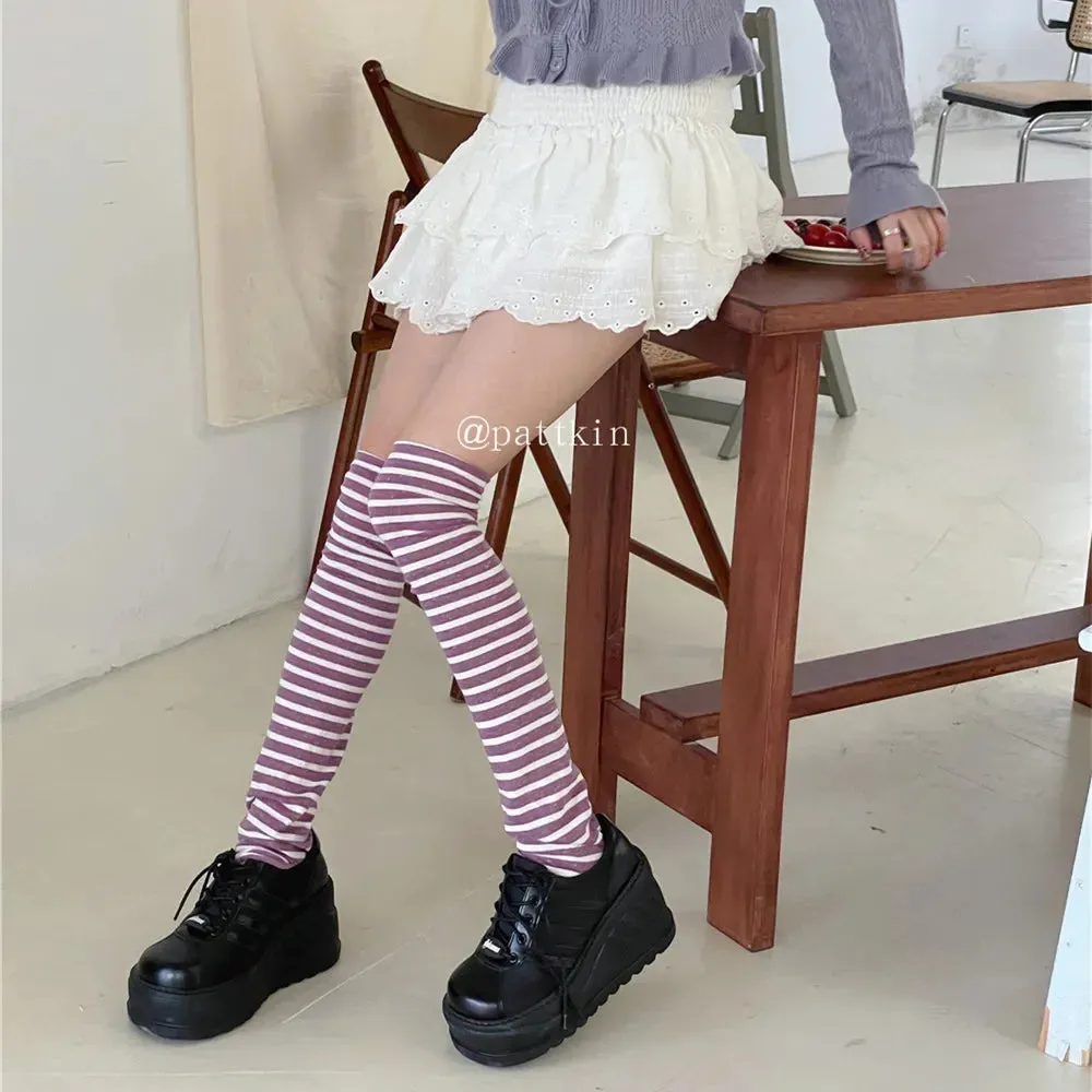 Sohiwoo Women Over Knee Length Socks Straight Striped Warm Breathable Pile Leg Socks Harajuku Leg Warmers Y2k Punk Japanese Accessories