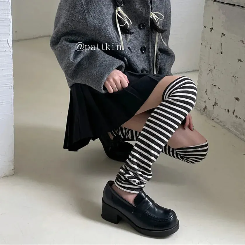 Sohiwoo Women Over Knee Length Socks Straight Striped Warm Breathable Pile Leg Socks Harajuku Leg Warmers Y2k Punk Japanese Accessories