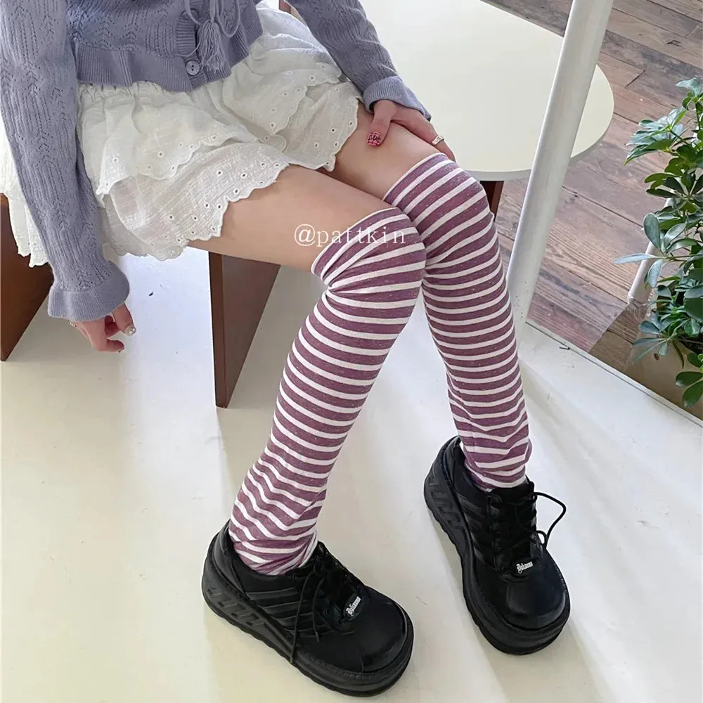 Sohiwoo Women Over Knee Length Socks Straight Striped Warm Breathable Pile Leg Socks Harajuku Leg Warmers Y2k Punk Japanese Accessories