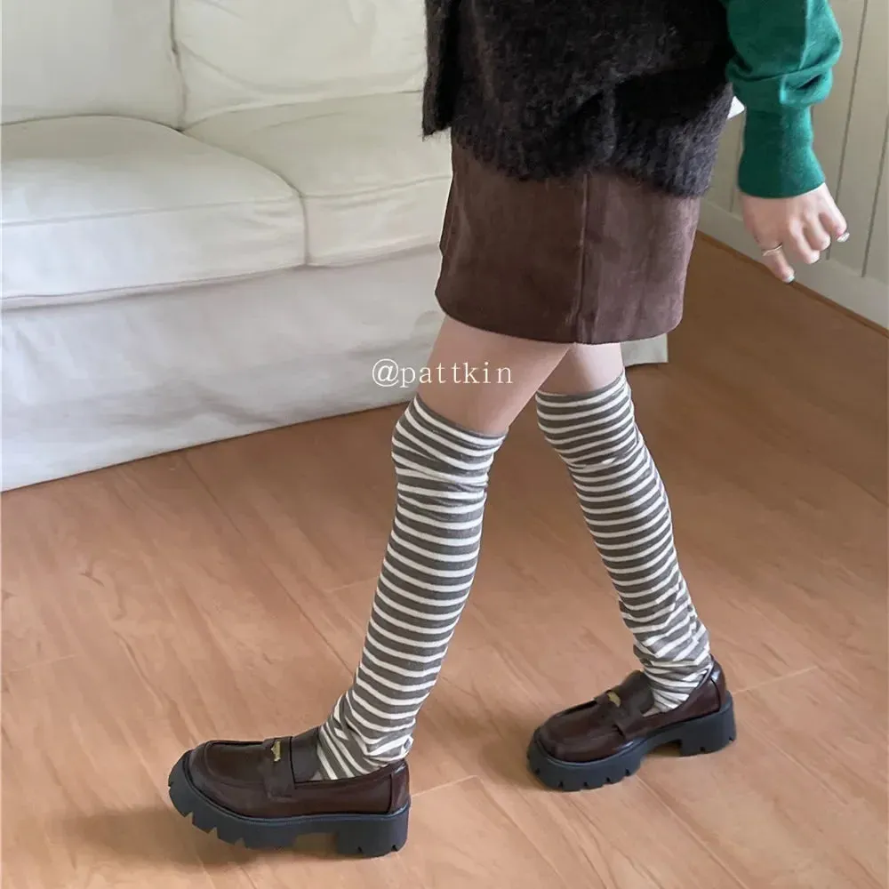 Sohiwoo Women Over Knee Length Socks Straight Striped Warm Breathable Pile Leg Socks Harajuku Leg Warmers Y2k Punk Japanese Accessories