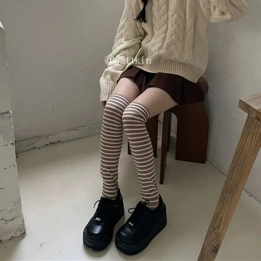 Sohiwoo Women Over Knee Length Socks Straight Striped Warm Breathable Pile Leg Socks Harajuku Leg Warmers Y2k Punk Japanese Accessories