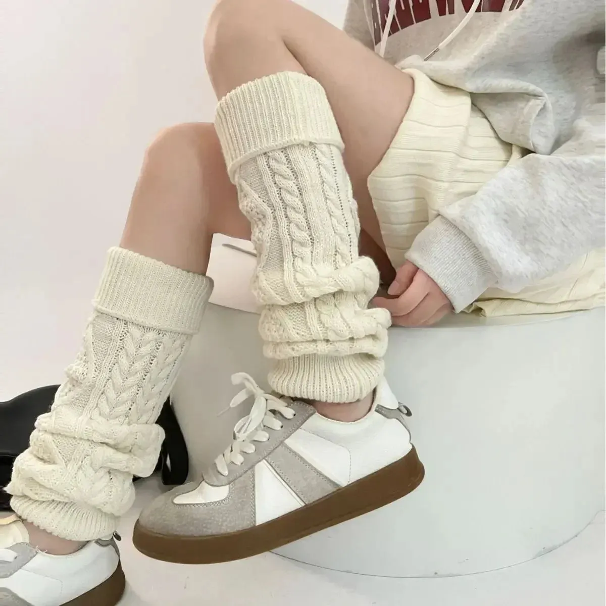 Sohiwoo Women Thickened Knitted Leg Covers Vintage Winter Warm Calf Socks Cashmere Y2K Harajuku Japanese JK Mid Tube Socks Leg Warmers