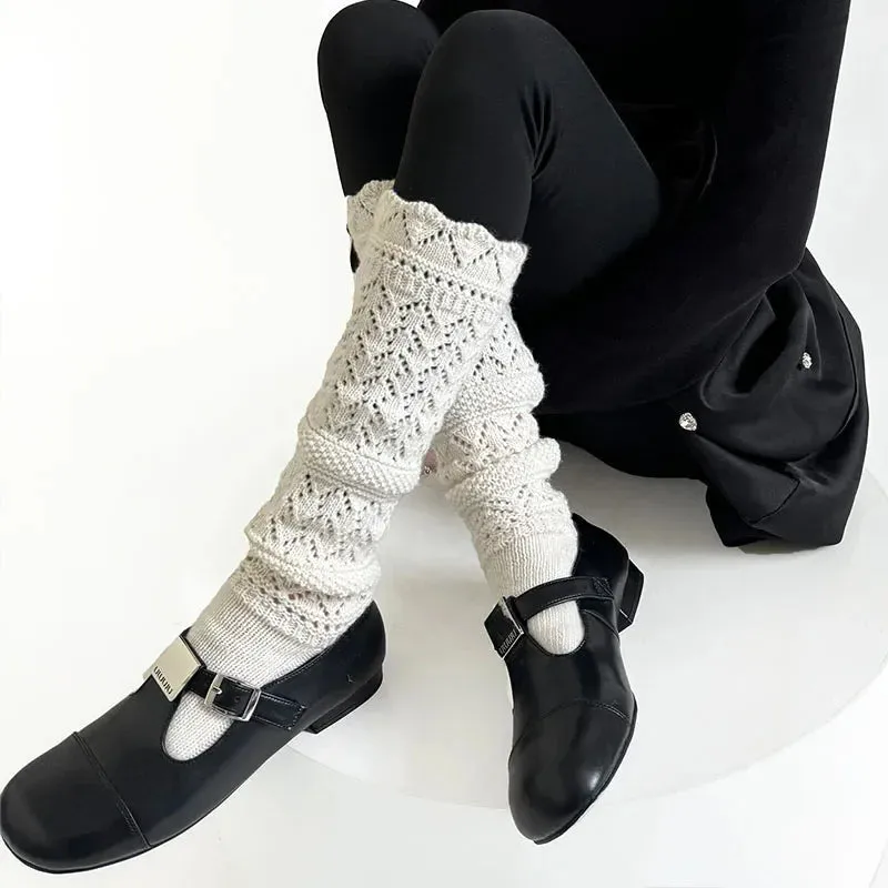 Sohiwoo Women Wool Knit Mid-Calf Socks Winter Warm Snowflake Cotton Bottom Leggings Leg Warmers Y2k Japanese Pantyhose JK Boots Cover