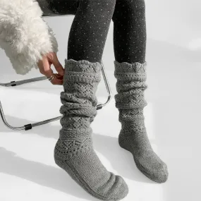 Sohiwoo Women Wool Knit Mid-Calf Socks Winter Warm Snowflake Cotton Bottom Leggings Leg Warmers Y2k Japanese Pantyhose JK Boots Cover