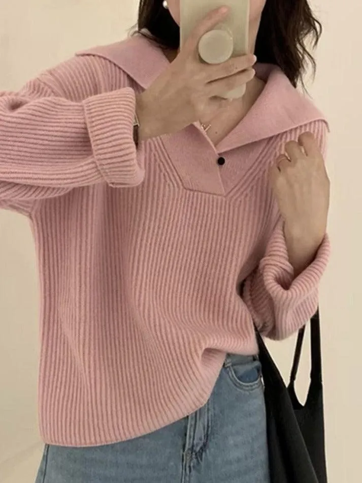 Solid Color Lapel Neck Baggy Sweater