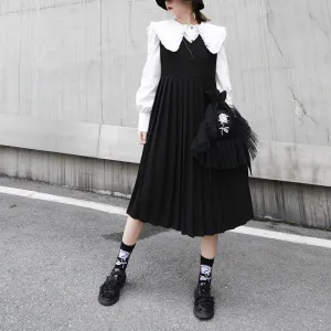 Spring New College Wind Black Pleated Skirt Sleeveless Dress Suit